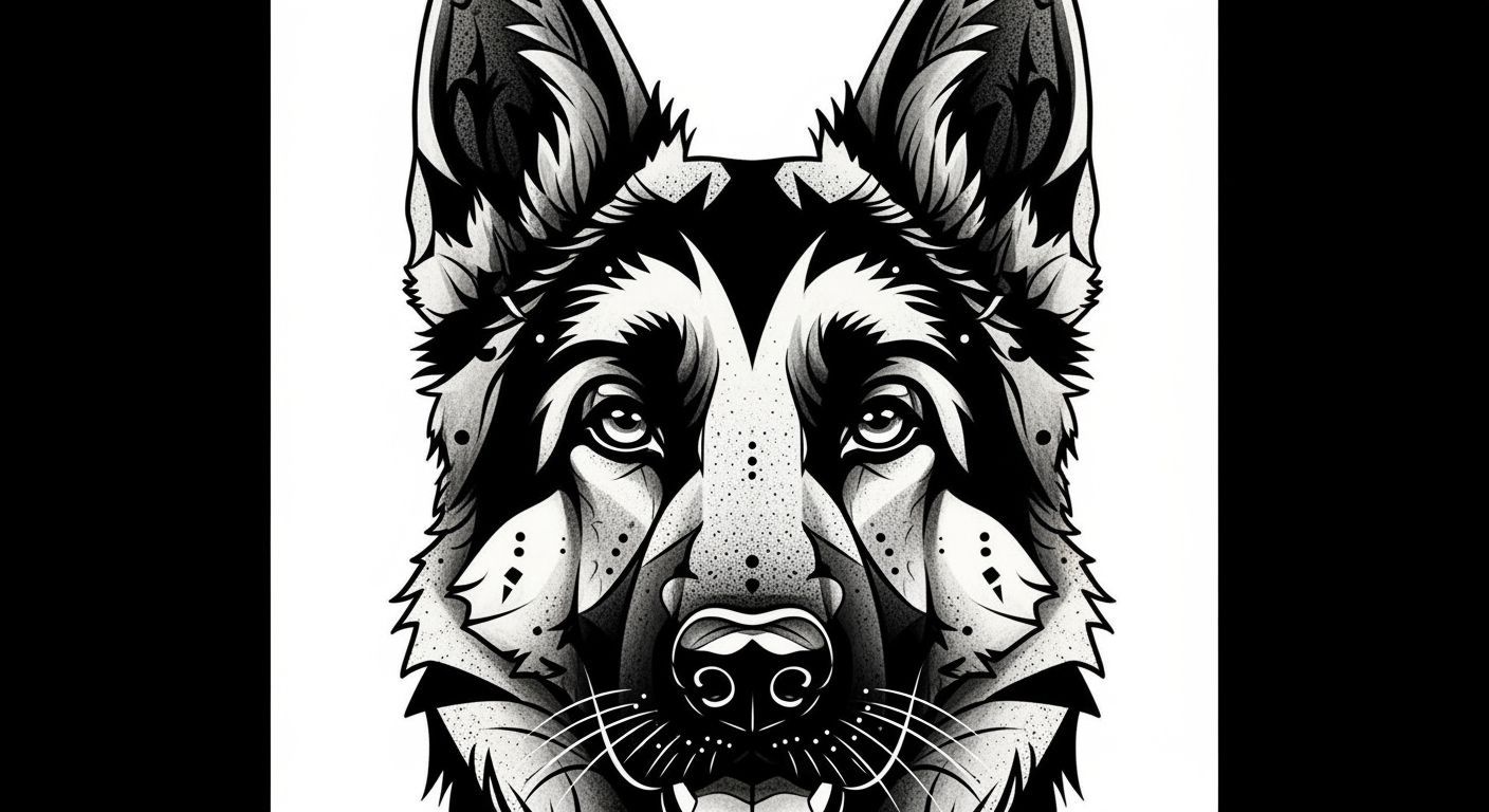 German Shepherd Head in Bold Blackwork Tattoo Style