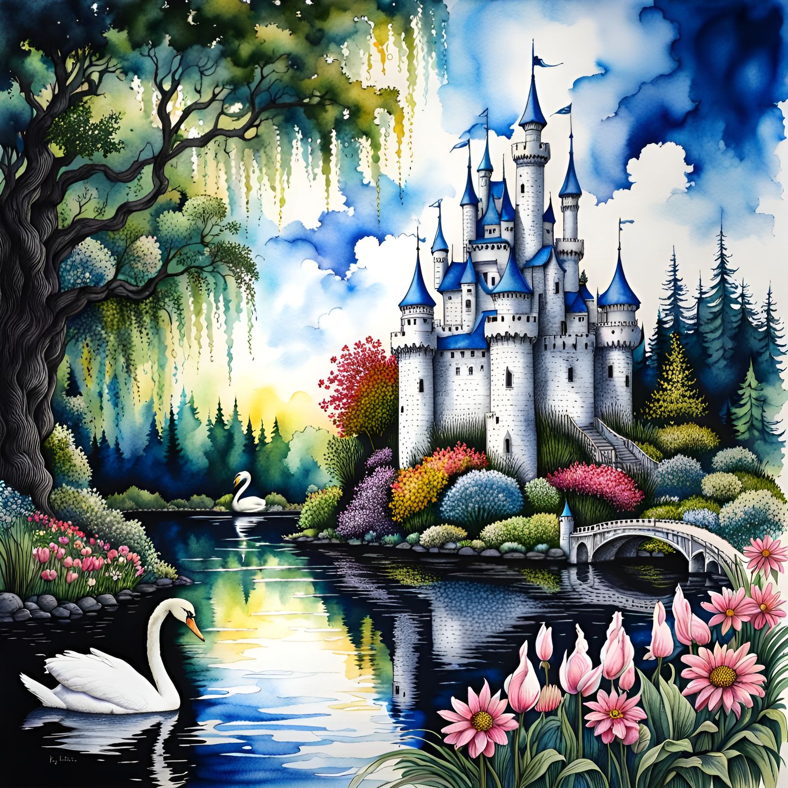 Fairy Fantasy Castle, Pond, flowers, trees, white swan, sky