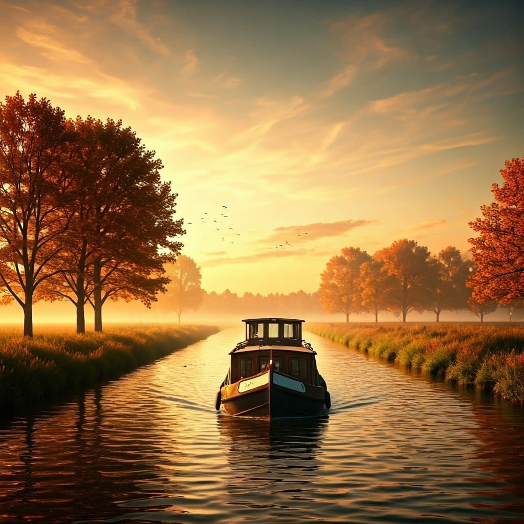 Autumn Houseboat on Canal at Sunset