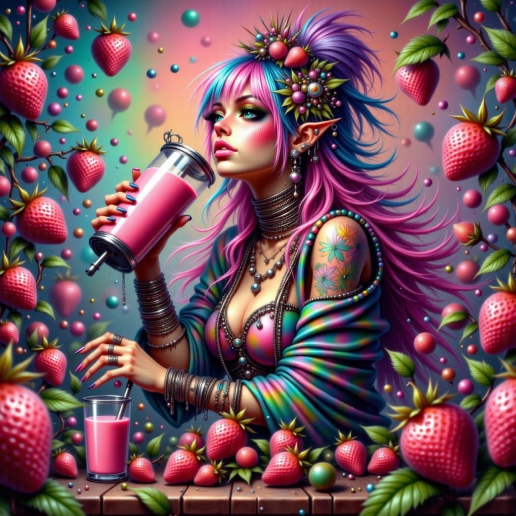 Stylish Woman Making Strawberry Smoothie in Urban Scene