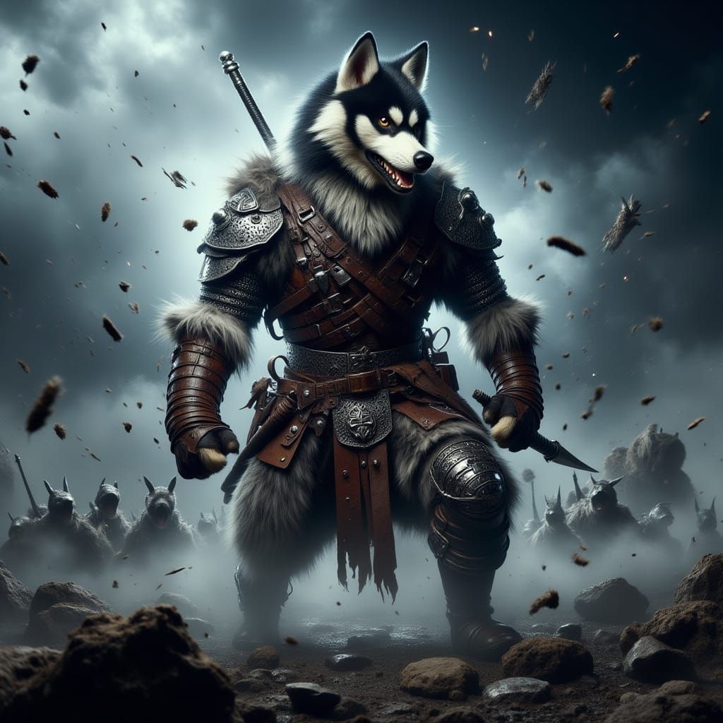 Epic Fantasy Husky Warrior in Stormy Landscape