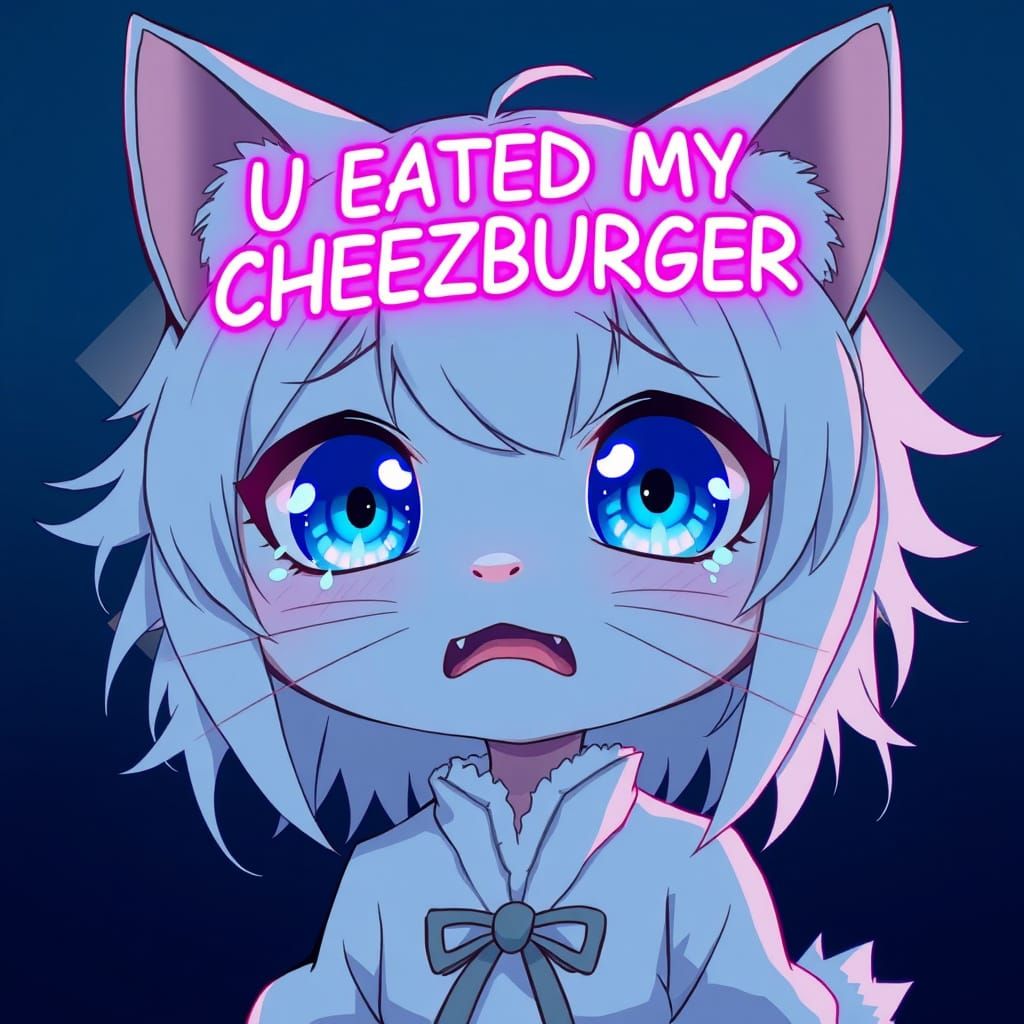 Sad Anime Catgirl with Tears in Synthwave Style