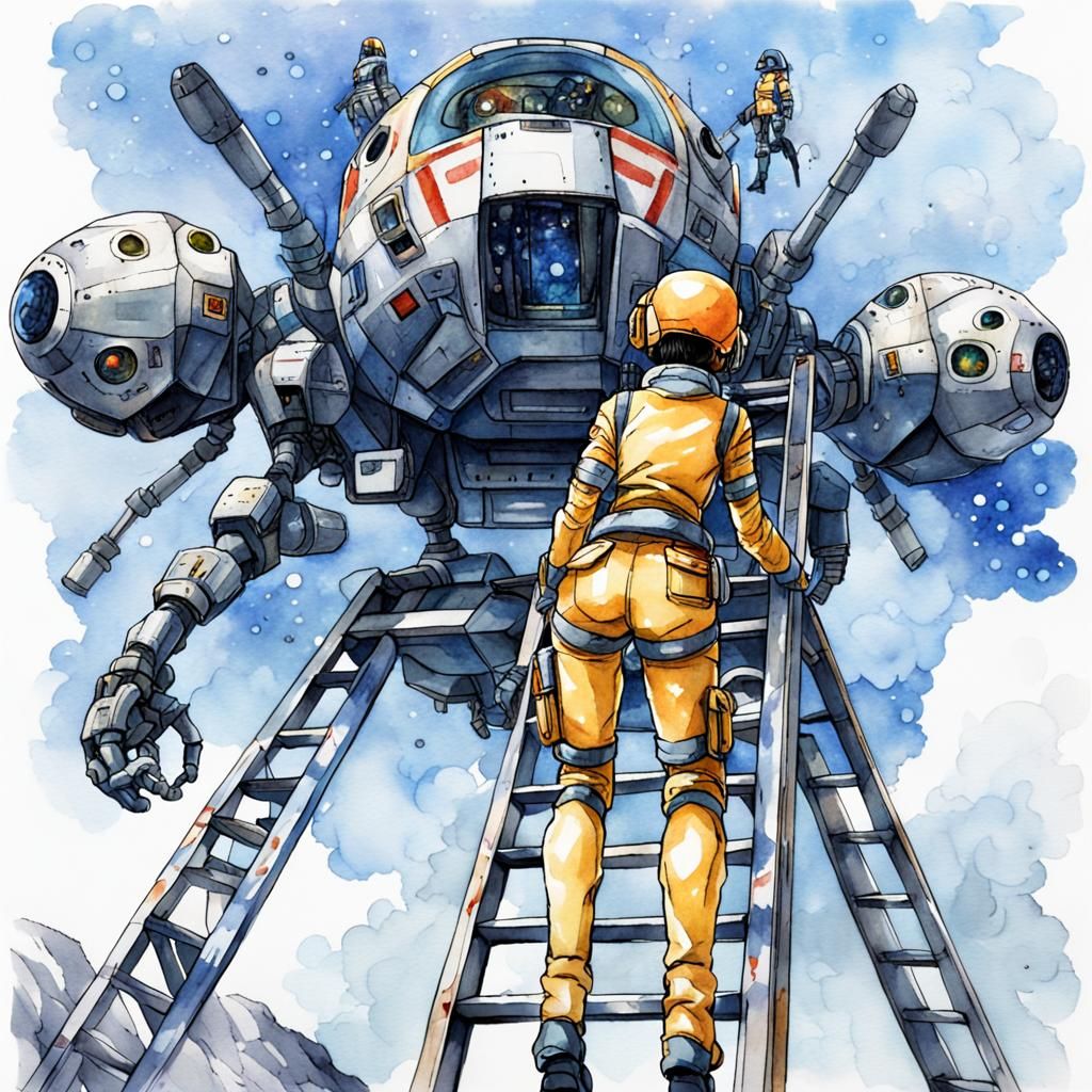 Anime Pilot and Iron Mech in Watercolor Style