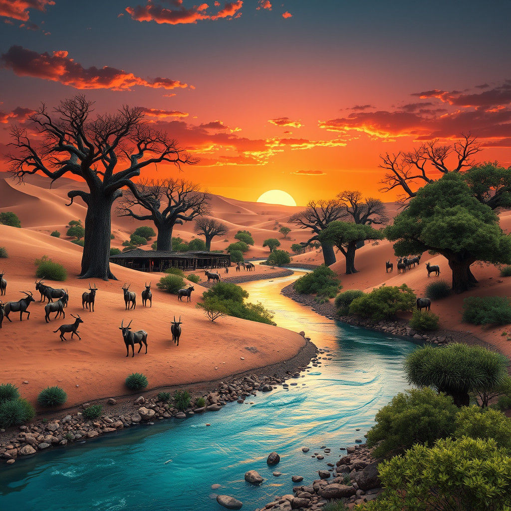 Himba Village in Desert Dunes at Sunset