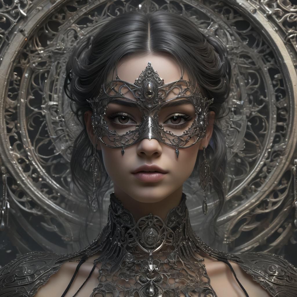 Gothic Woman in Silver Filigree Mask: Hyperdetailed Portrait