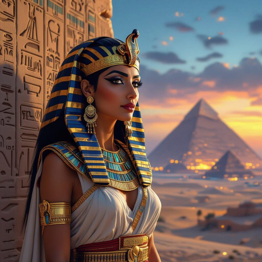 Ancient Egyptian Queen in Gold Jewelry with Glowing Pyramids