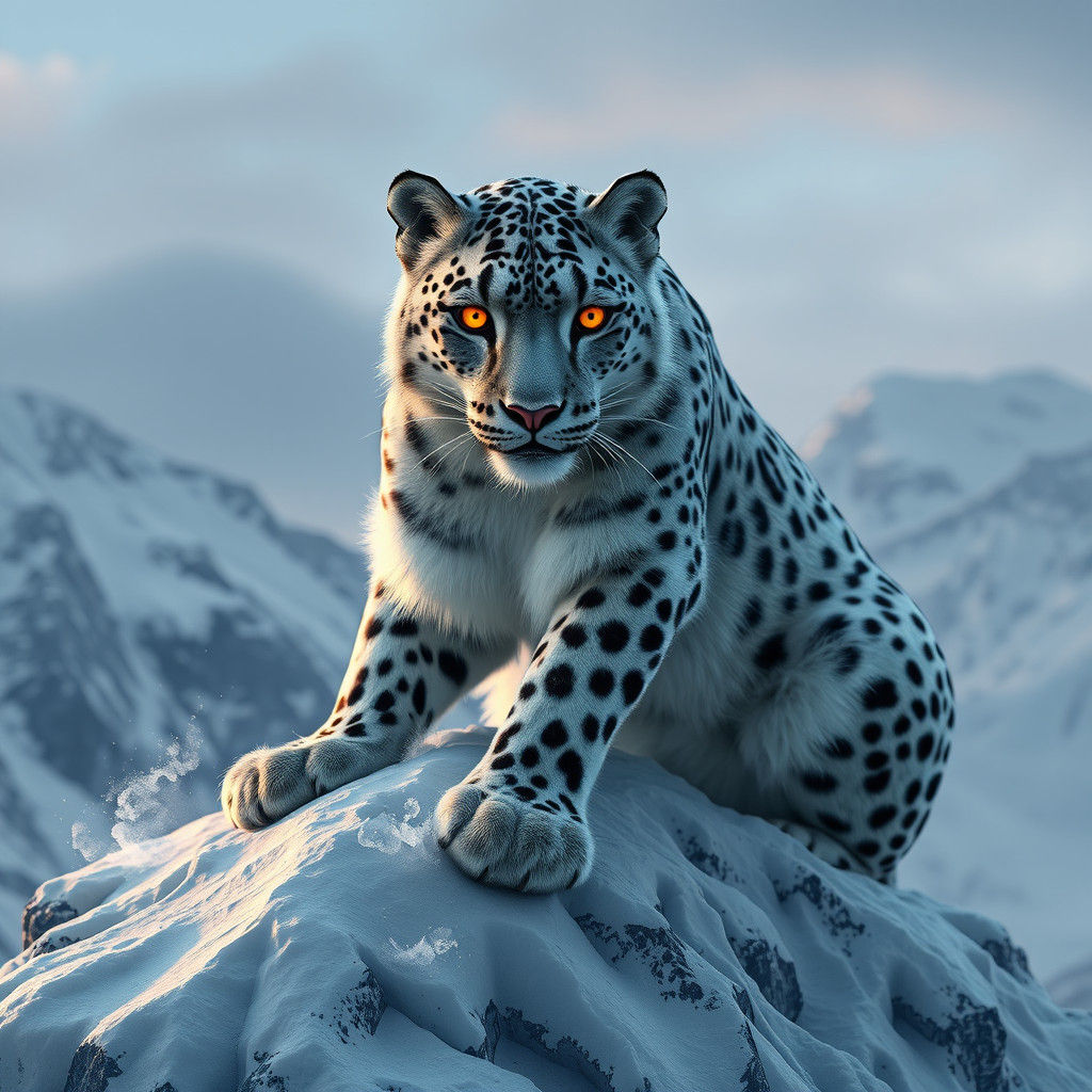 Snow Leopard on Mountain Peak in Fantasy Art Style