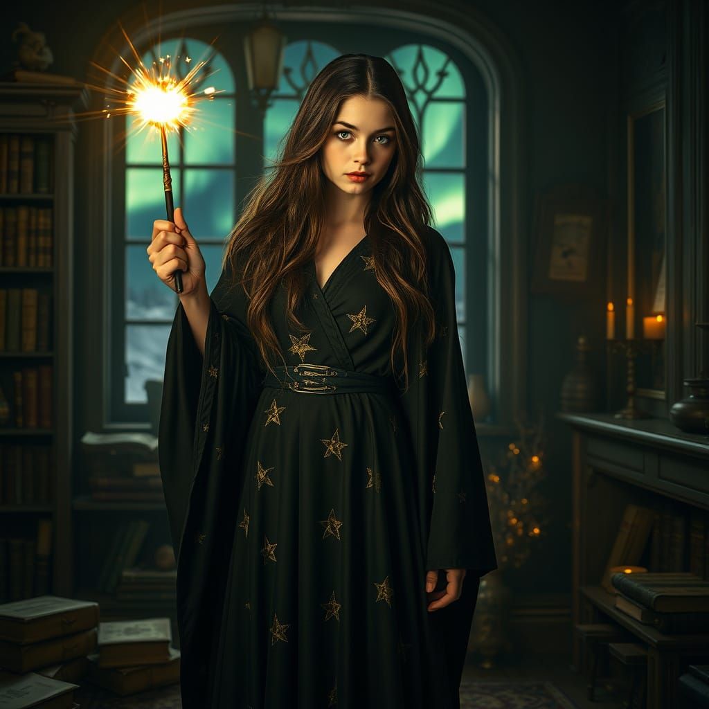 Elegant Witch Casting Golden Light in Library with Northern ...