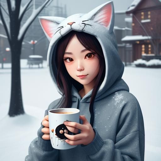 Girl with Hot Chocolate: Realistic Anime Art