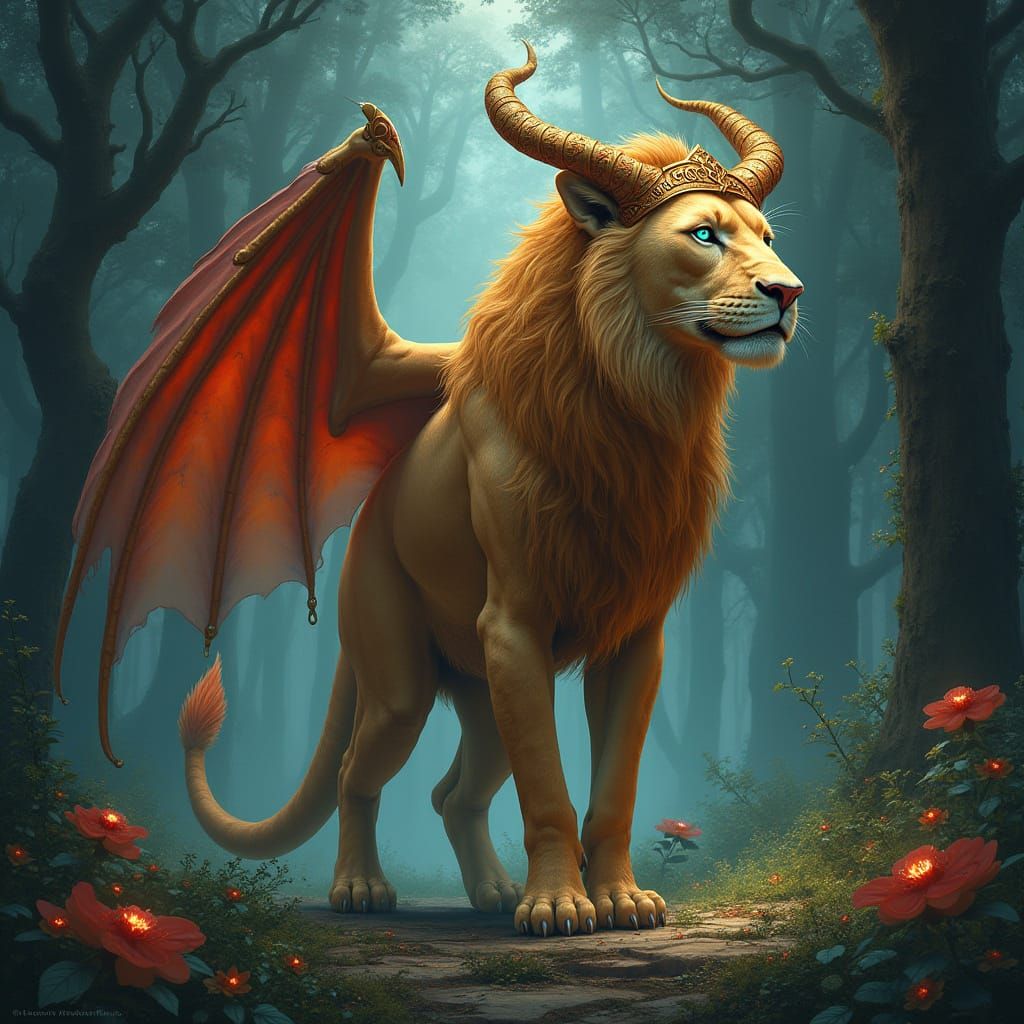 Regal Lion-Like Creature Reigns in Ancient Mystic Forest
