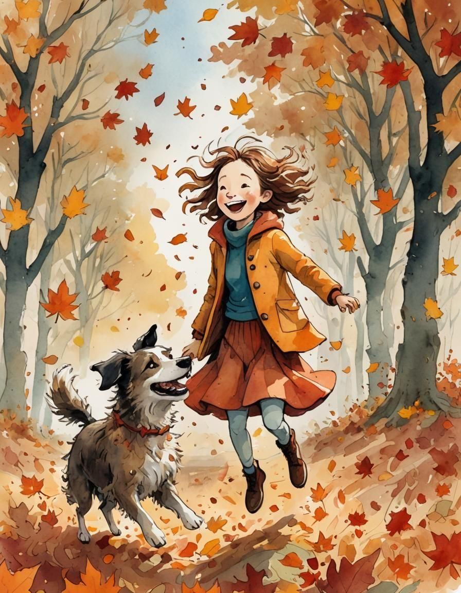 Girl and Dog Play in Autumn Leaves