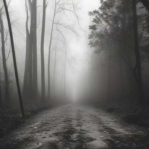 Creepy Foggy Path Through Desolate Woods