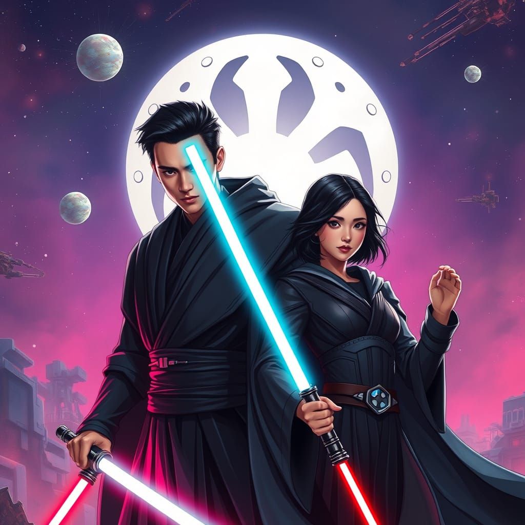 Futuristic Asian Sith Lord and Companion in Neo-Futuristic G...