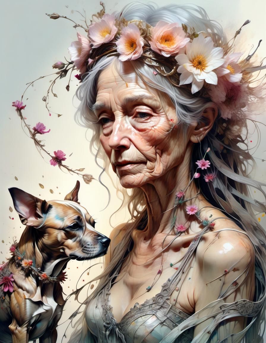 Ancient Flowery Woman Weaving Flowerpunk Dog