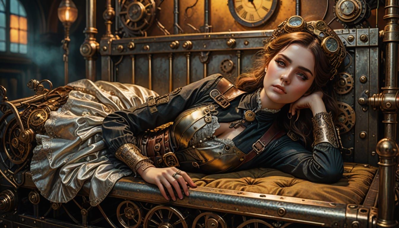 Steampunk Woman on Metal Bed in Digital Art