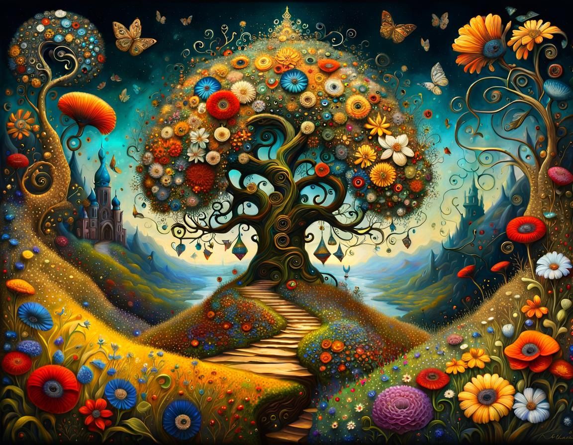 Wildflower Field Painting in Klimt Style