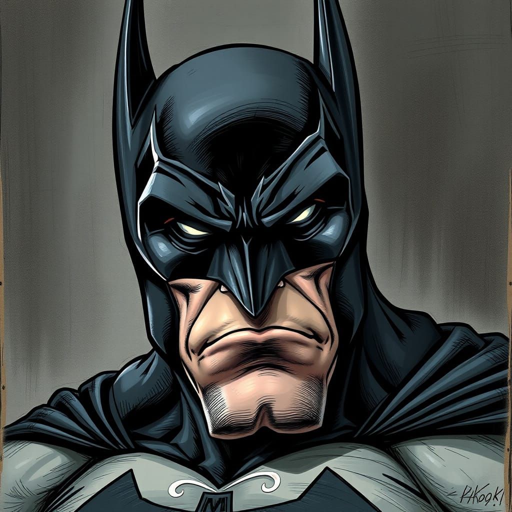 Dark, Muscular Batman in a Haunting Caricature Portrait