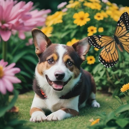 Playful Dog Choko in Whimsical Garden, Professional Photo