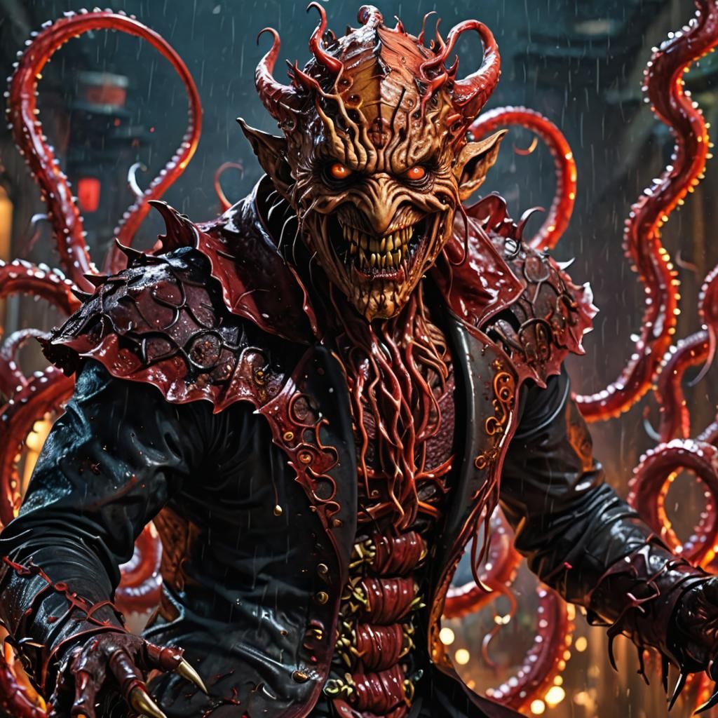 Blood-Soaked Tentacle Demon in Maximalist Style