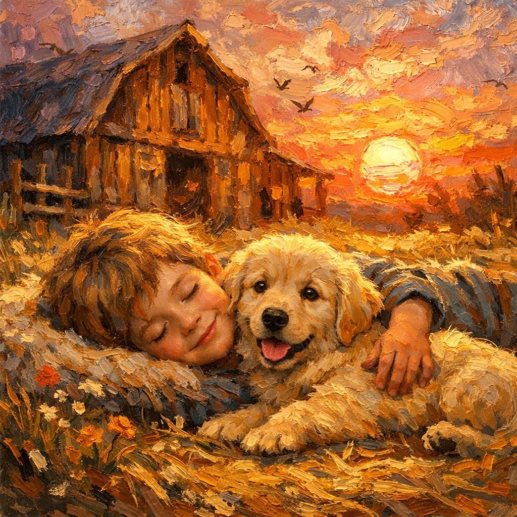 Child and Golden Retriever Puppy in Golden Sunset Light