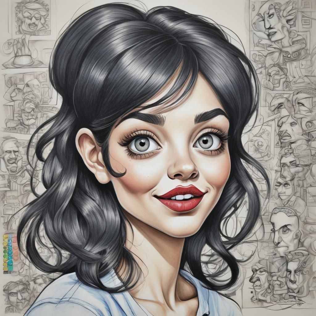 Funny Caricature of Woman with Black Hair