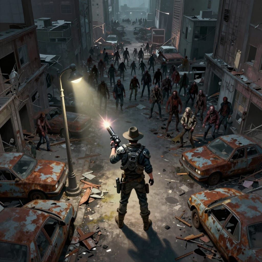 Lone Survivor in Destroyed City with Zombie Horde