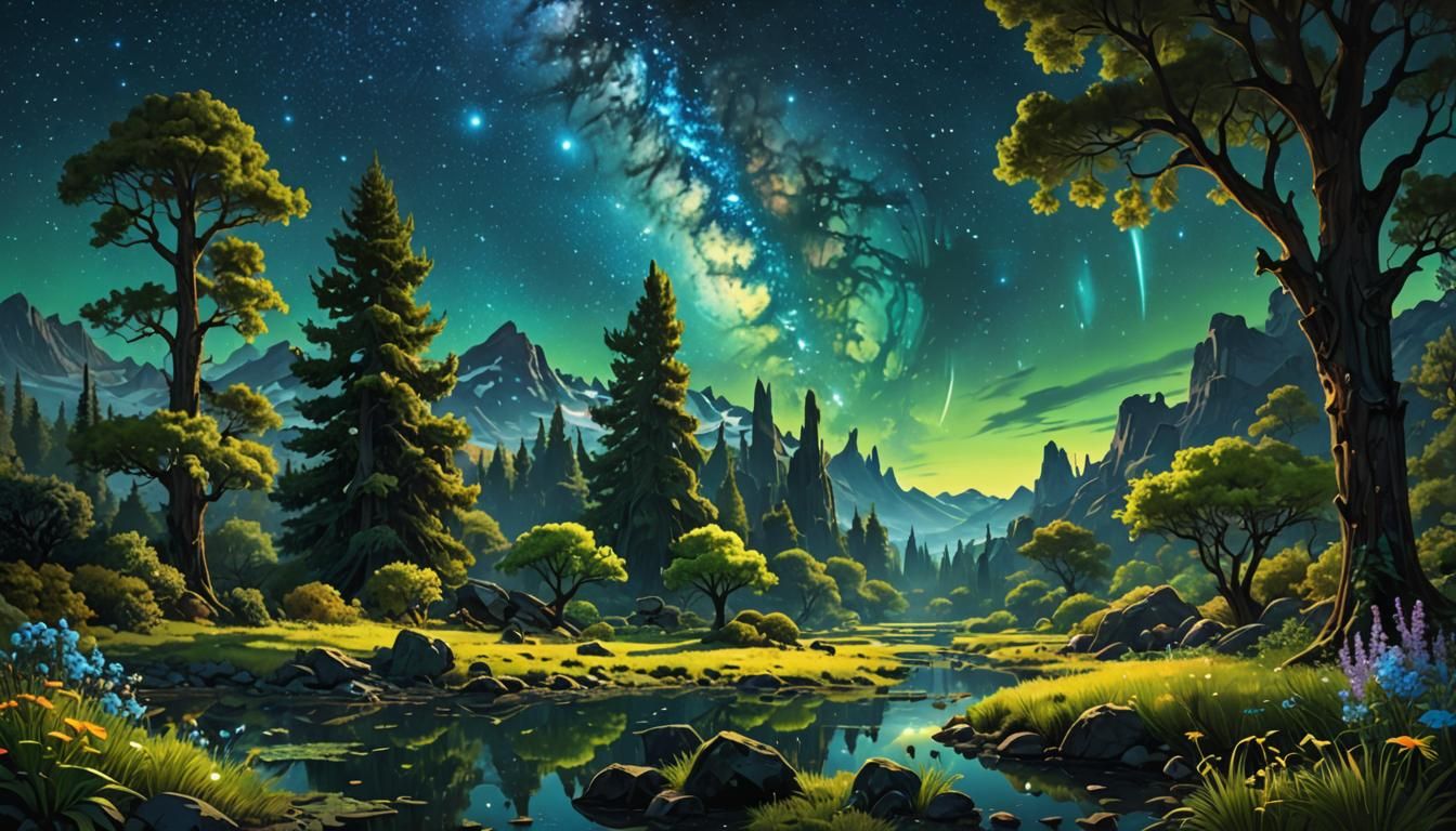 Bioluminescent Garden Under Cosmic Sky: Psychedelic Art