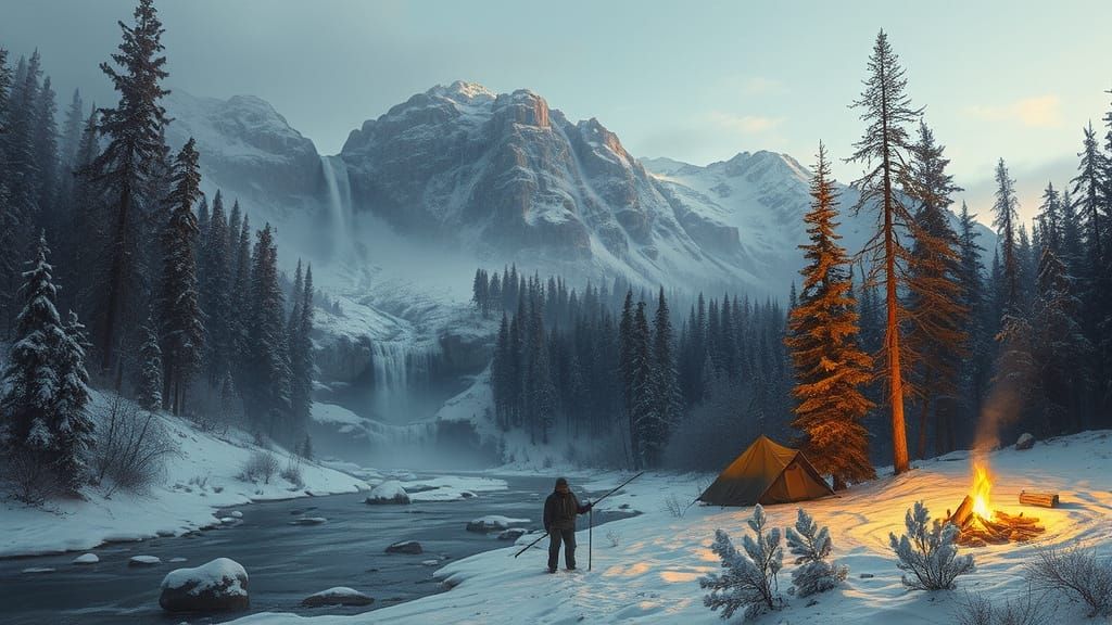 Winter Mountain Landscape with Camper and Campfire