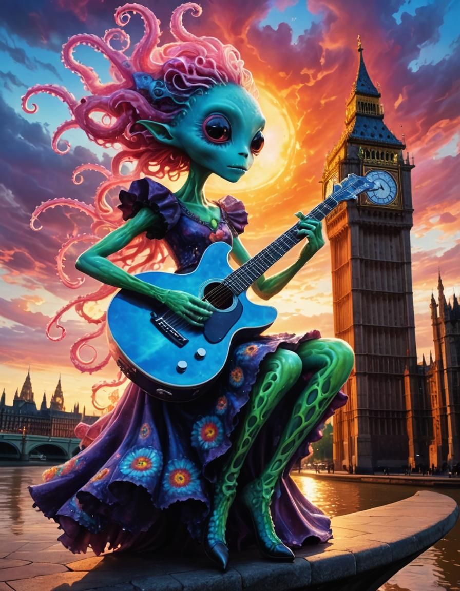 Psychedelic Alien Plays Guitar Atop Big Ben