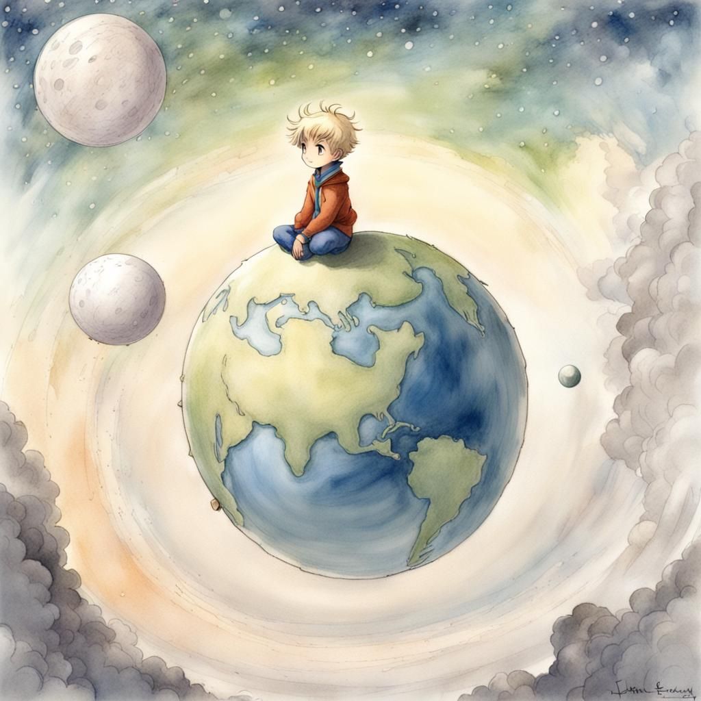Little Prince on His Planet in Sketch Style