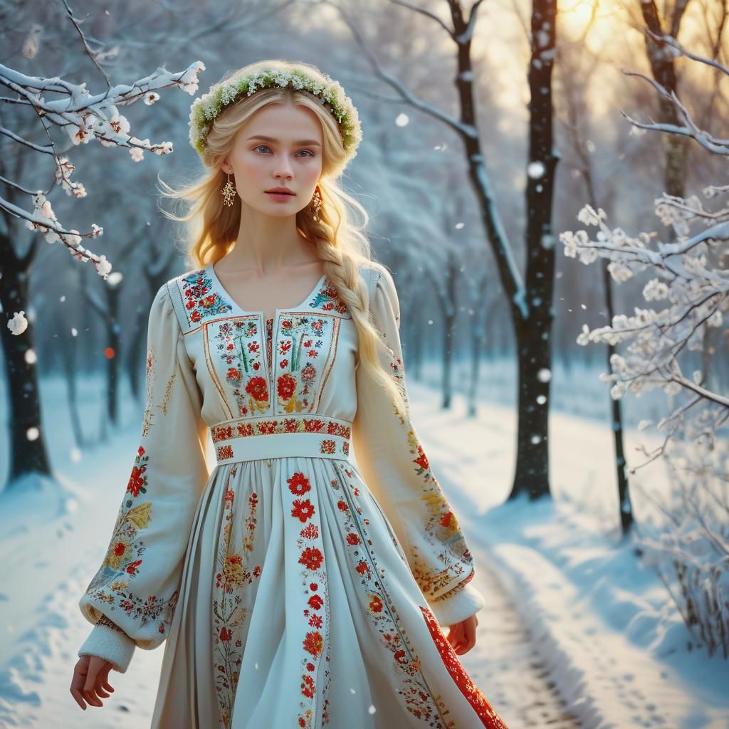 Russian Model in Snowy Wonderland: Impressionist Style