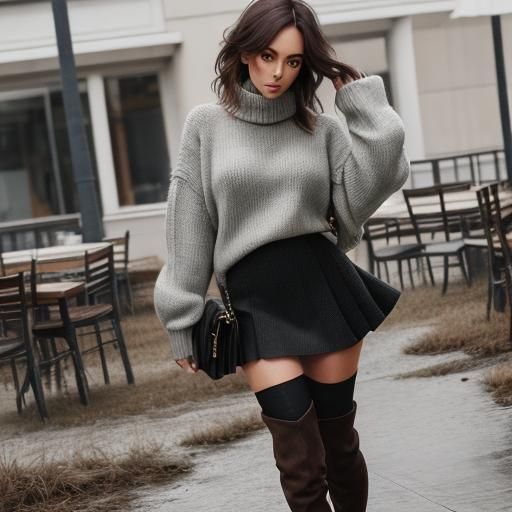 Young Girl in Sweater, Skirt, Boots
