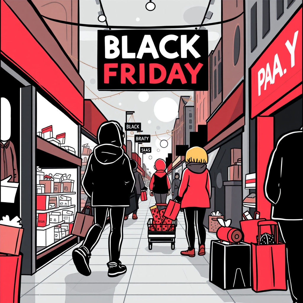 cartoon Black Friday shopping scene