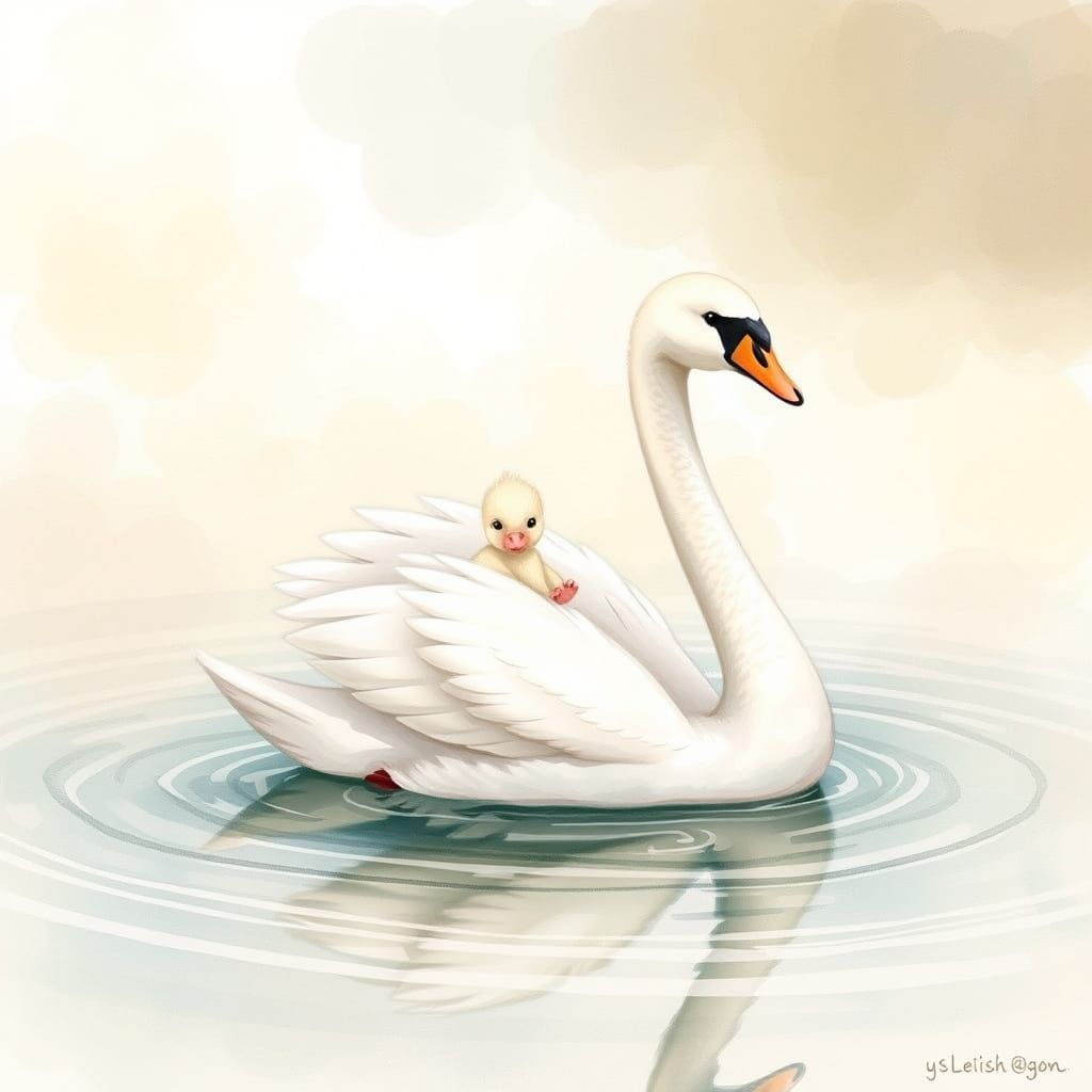 Swan Family on Serene Lake in Watercolor Style