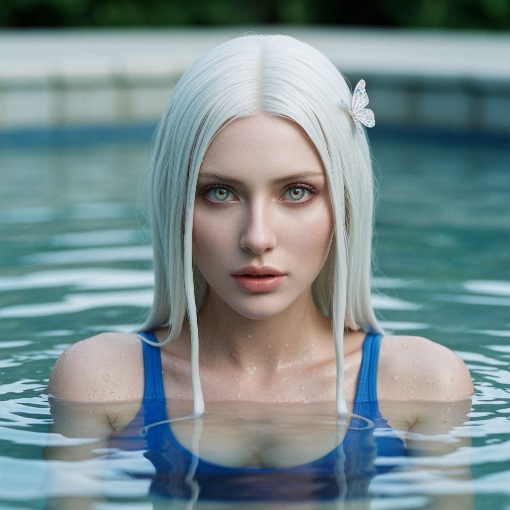 Hyperrealistic Woman in Blue Swimsuit in Hot Spring