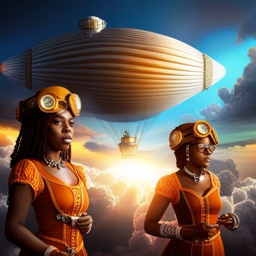 Steampunk Airship Adventure with Golden-Uniformed Pilots