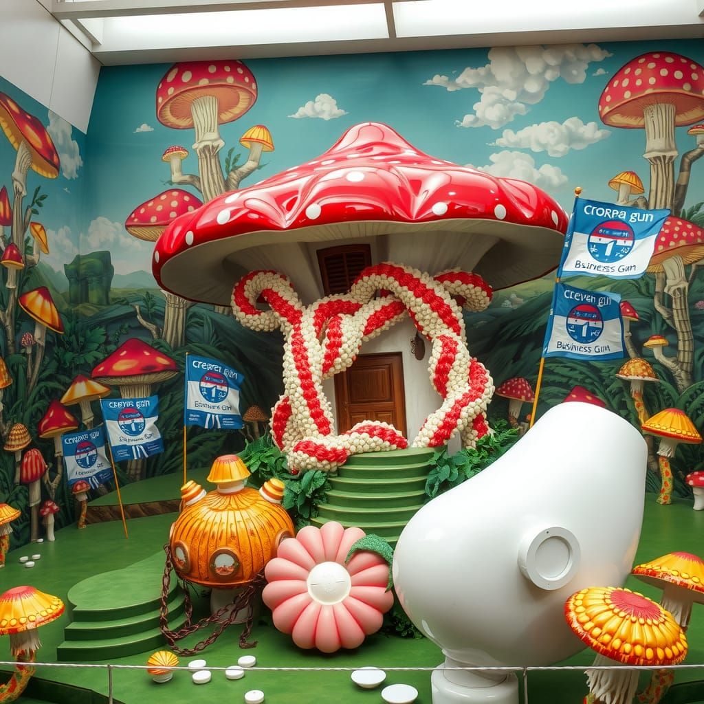 Whimsical Mushroom Sculpture in Hyperreal Scene