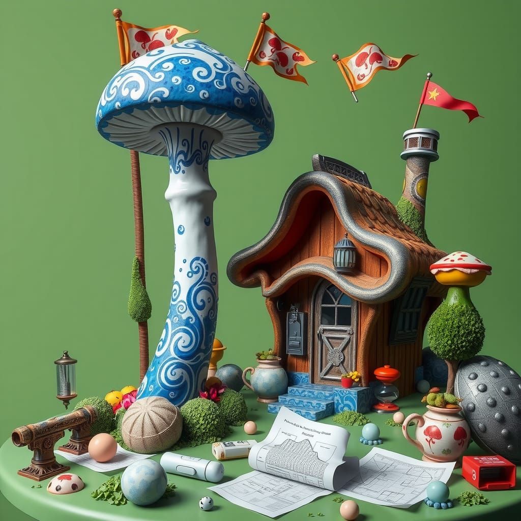 Whimsical Wonderland of Colossal Mushrooms and Playful Machi...