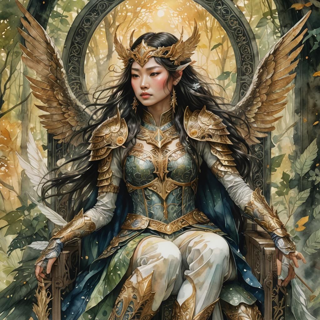 Watercolor Warrior Woman with Wings in Misty Forest