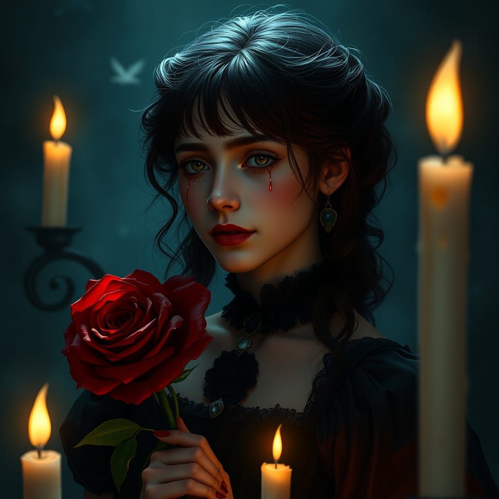 Ethereal Victorian Woman in Mourning, Clutching a Blood-Red ...