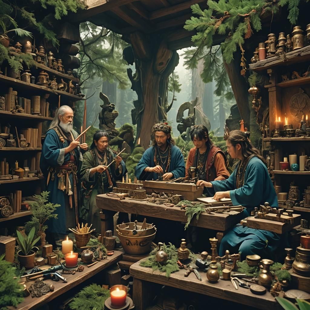 Nature Deities Crafting Weapons in a Mystical Workshop