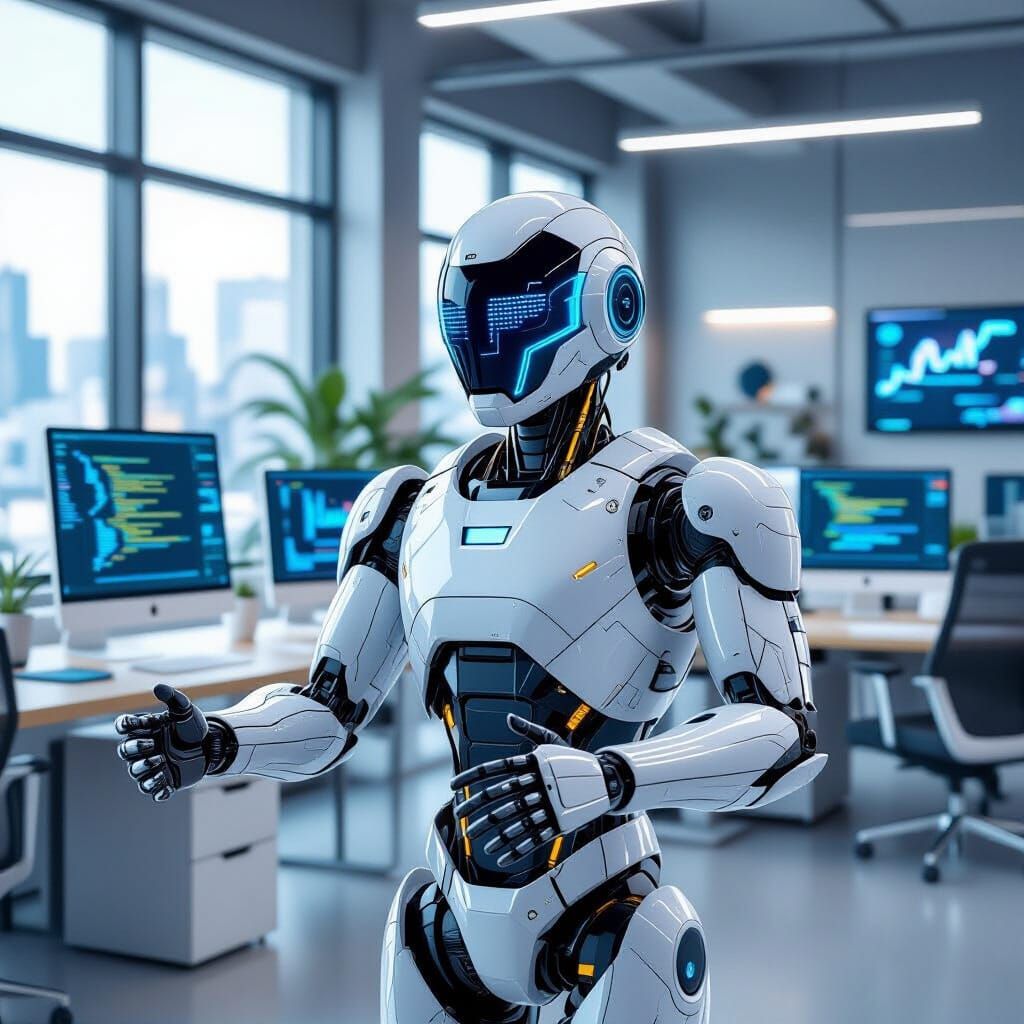 Cyberpunk Robot in Office Planning Future Strategies