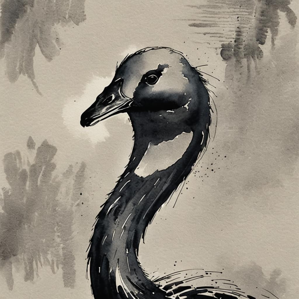 Black Swan Portrait in Sumi-e Ink Style