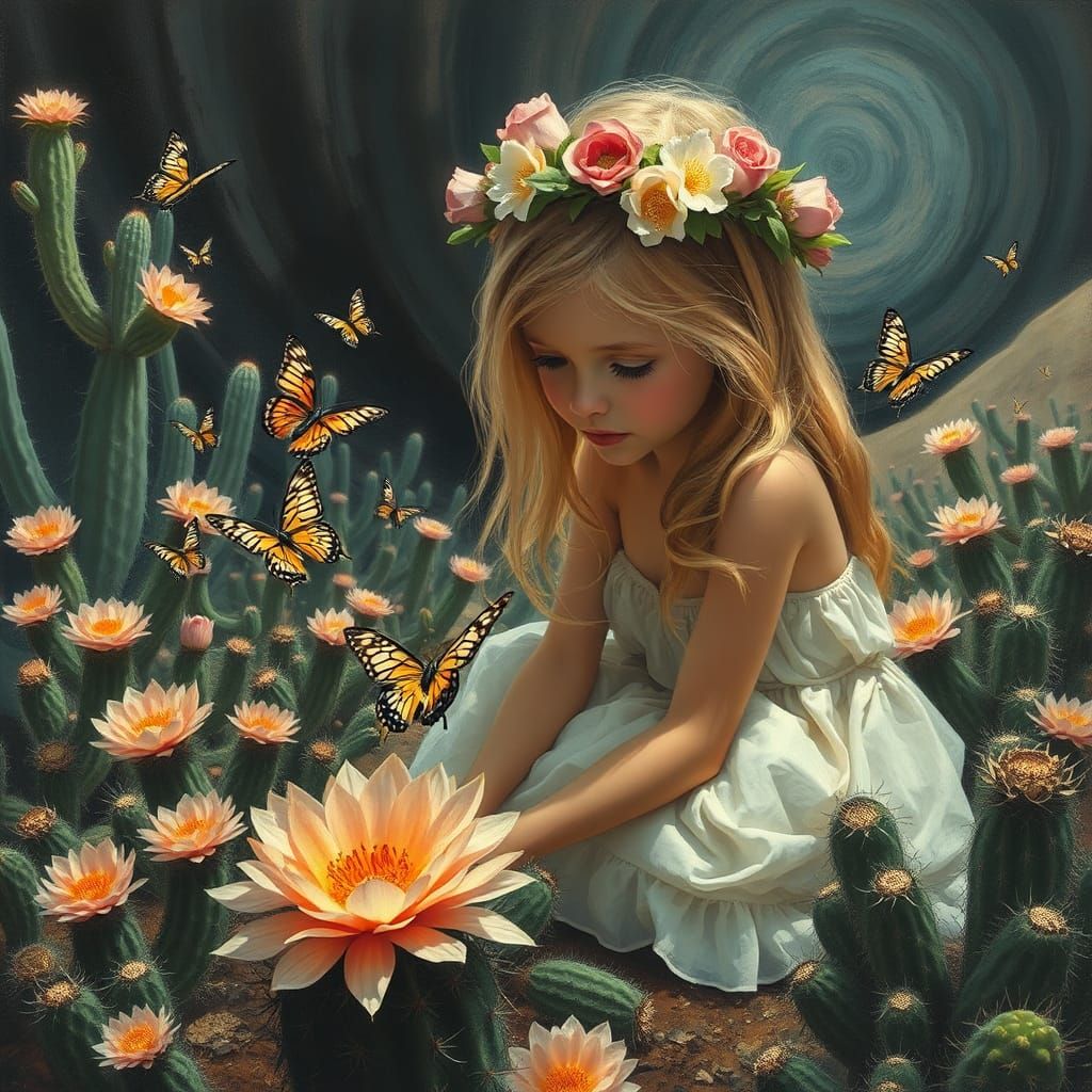 Dreamlike Desert Oasis: Surreal Girl and Cacti