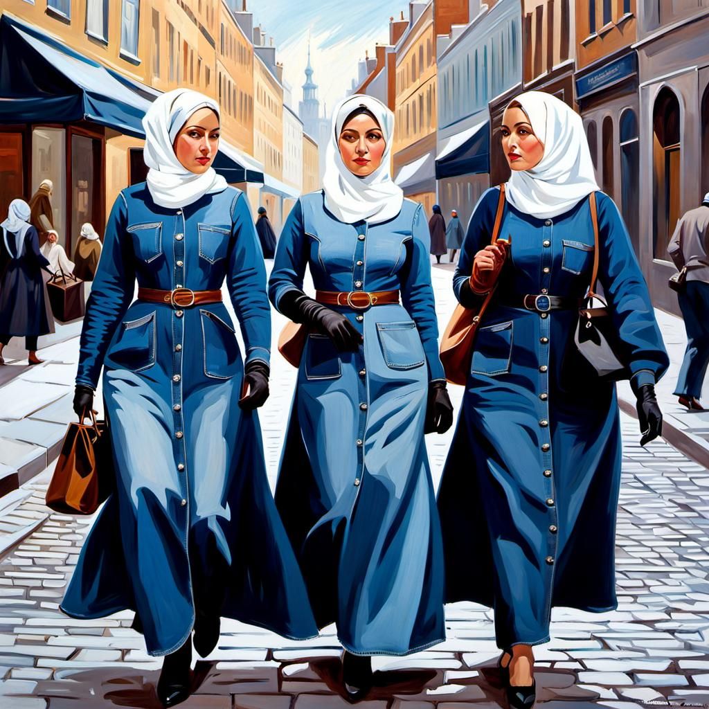 Elegant Women in Denim Gowns: An Oil Painting