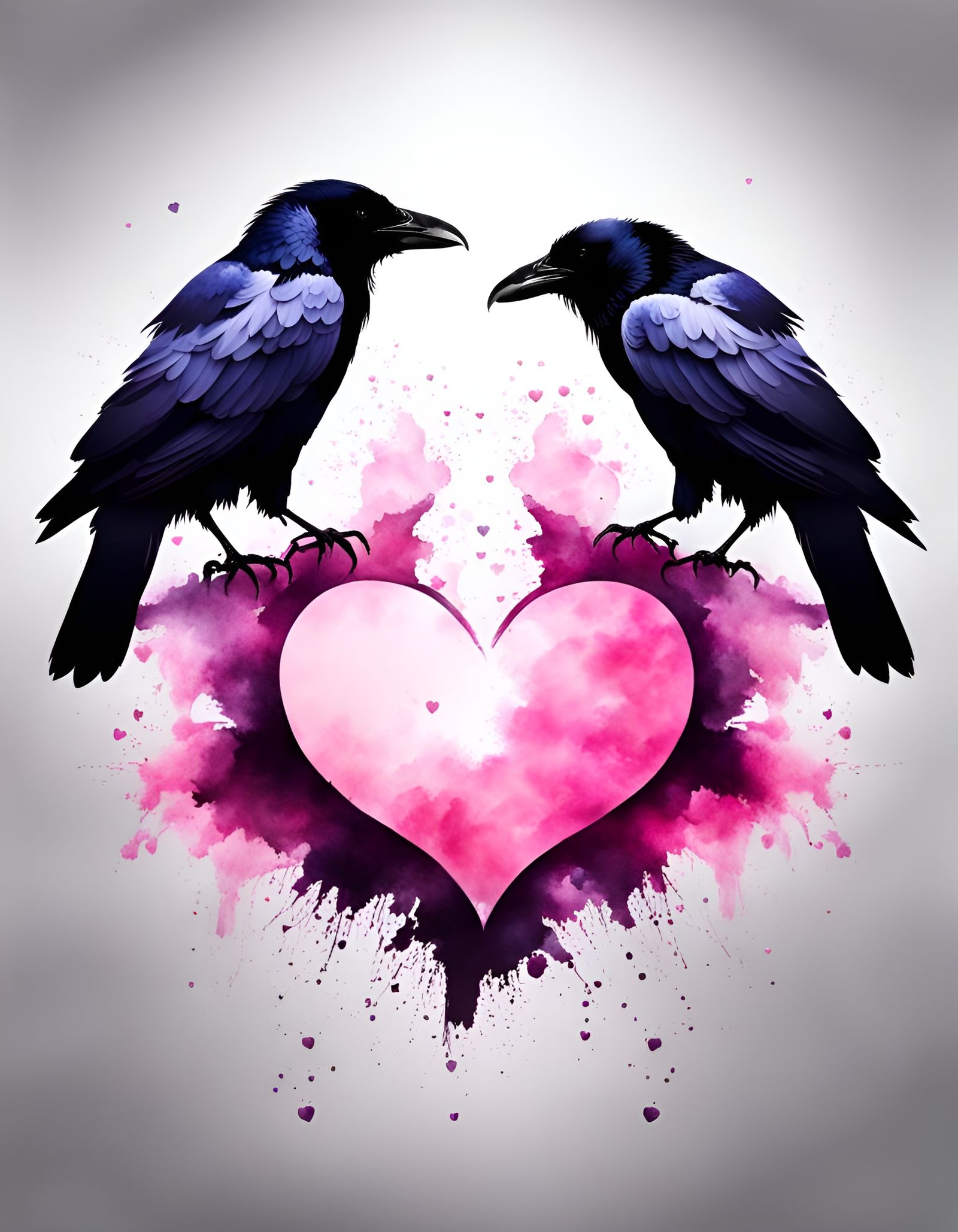 Ravens with Watercolor Splatter and Crystal Heart