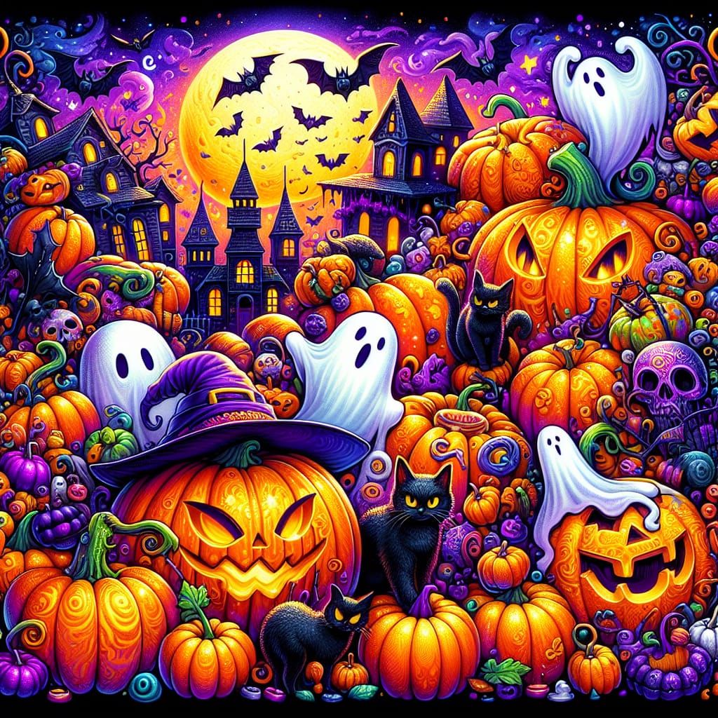 Halloween Street Art with Pumpkins, Ghosts, and Witches