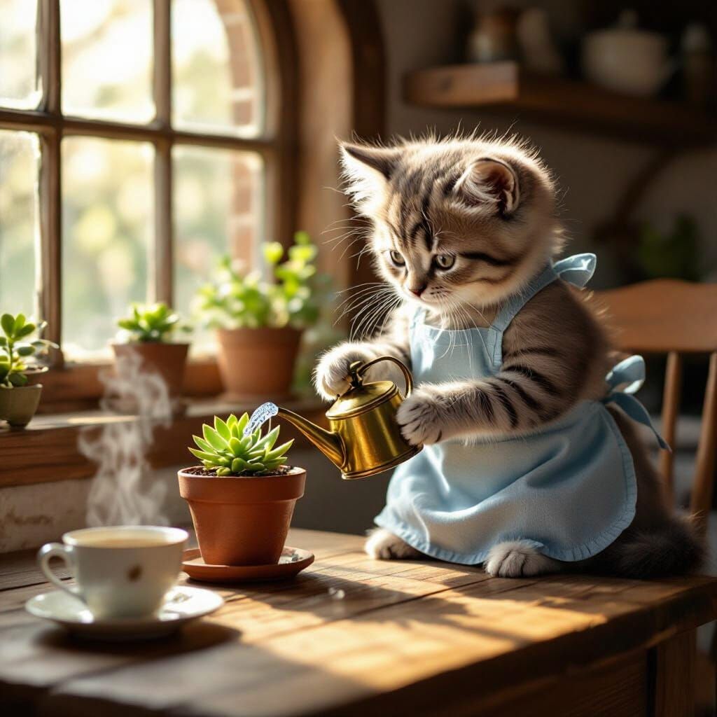 Kitten Tending Succulent in Dutch Golden Age Style