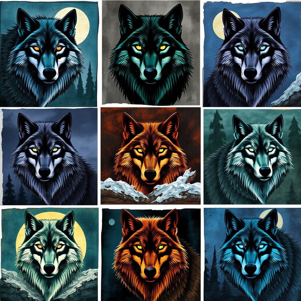 Mixed Media collage of nine (3 x 3) images featuring wolf shifters with glowing eyes, in various art styles and colors.