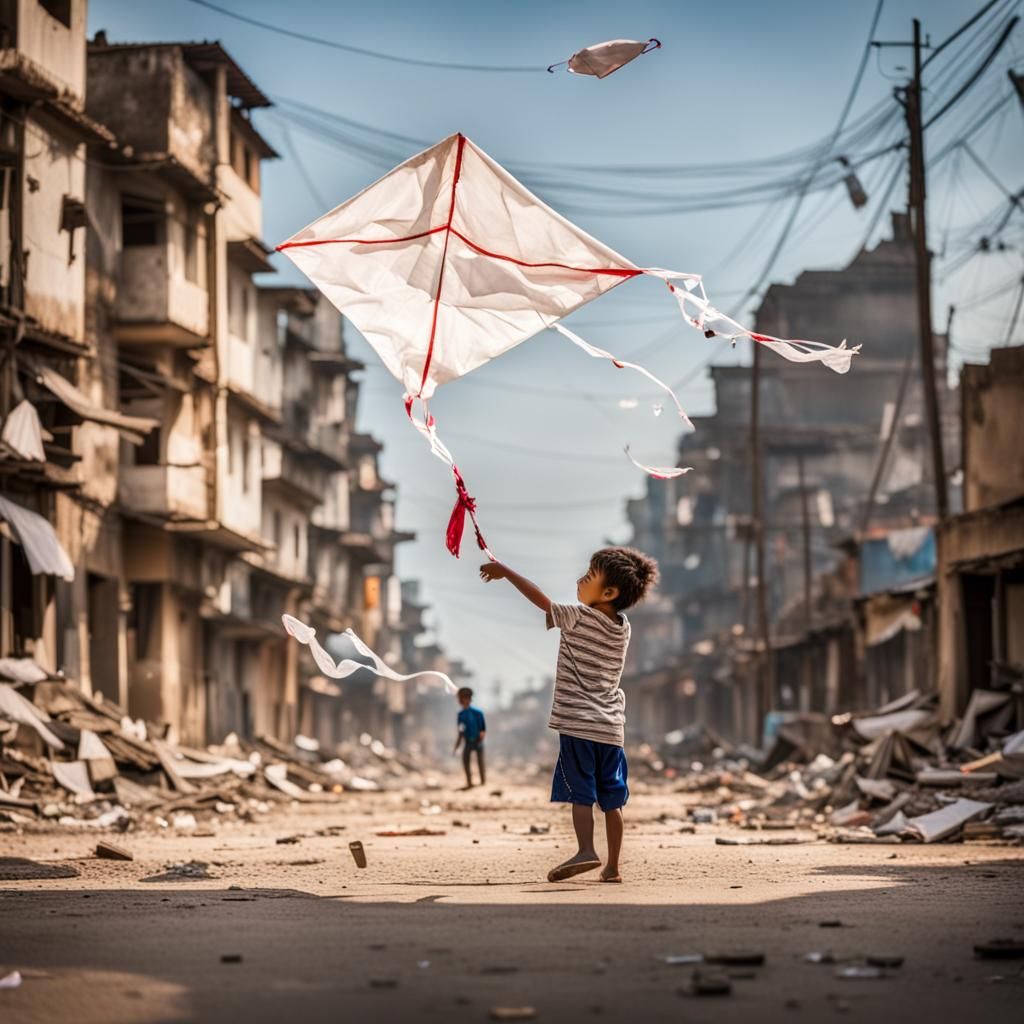 Child Flies Kite in Devastated Street: Photography